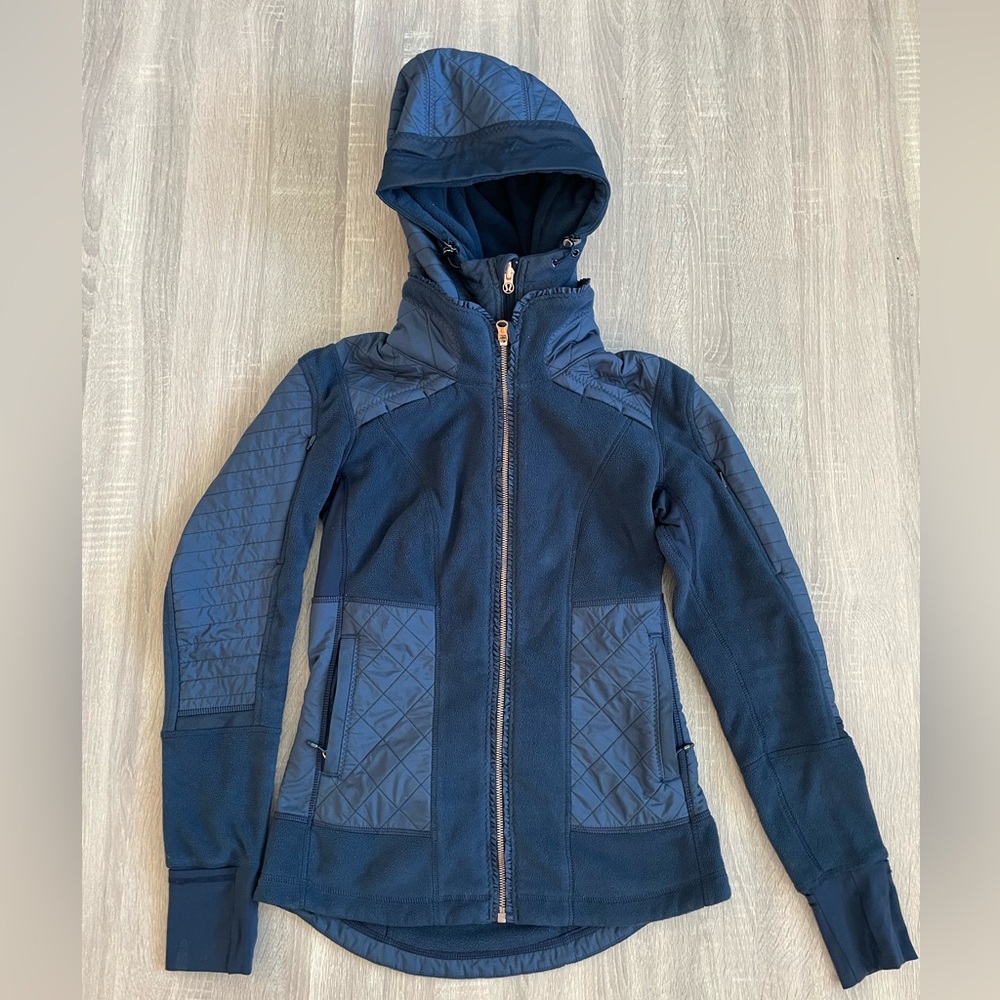 Women's Navy Hooded Quilted Fleece Jacket - Picture 2 of 12